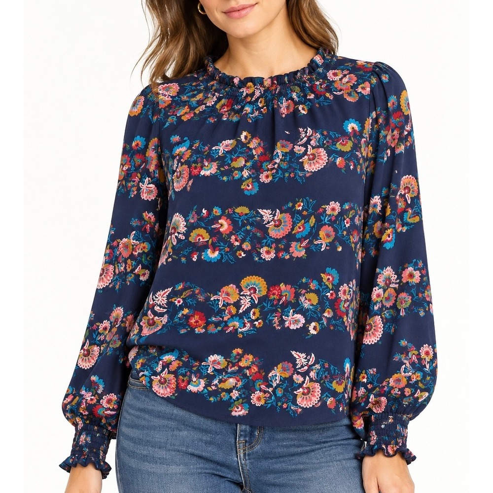 Boden Blouse TopFloral Long Sleeve Navy Blue Size 6